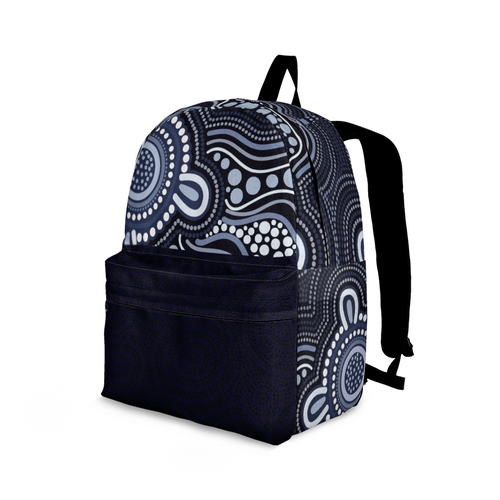 Indigenous Australian Aboriginal Backpack Aboriginal Blue Grey Flow Lines and Dot Art Pattern