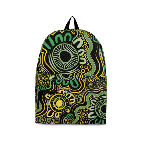 Indigenous Australian Aboriginal Backpack Aboriginal Connection Lines With Green and Gold Art