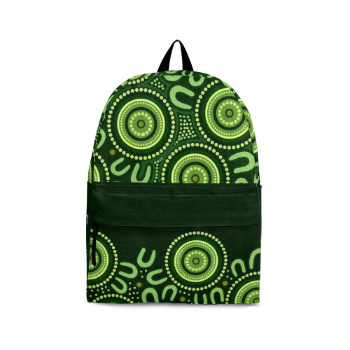 Indigenous Australian Aboriginal Backpack Aboriginal Gathering Dot Art In Deep Forest Green