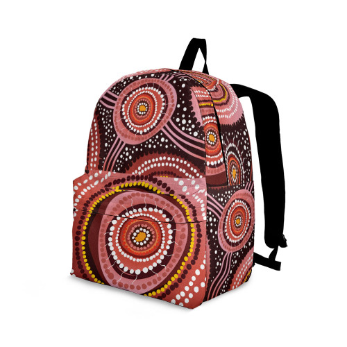 Indigenous Australian Aboriginal Backpack Aboriginal Sun Gathering In Pink Red And Ochre Tones