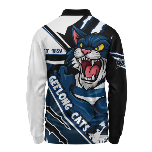 Geelong Cats Long Sleeve Polo Shirt Battlefield Glory Gear Geelong Cats Long Sleeve Polo Shirt Battlefield Glory Gear