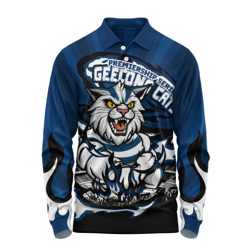 Geelong Cats Long Sleeve Polo Shirt Premiership Series Flame Edition Geelong Cats Long Sleeve Polo Shirt Premiership Series Flame Edition