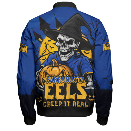 Parramatta Eels Bomber Jacket Dark Moon Rugby Halloween Battle Edition Parramatta Eels Bomber Jacket Dark Moon Rugby Halloween Battle Edition