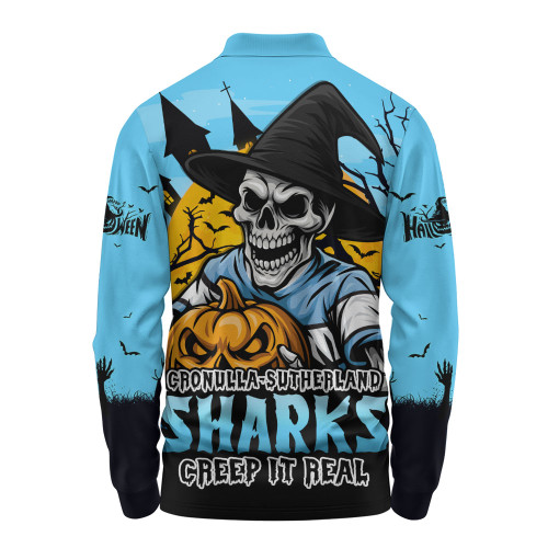 Cronulla-Sutherland Sharks Long Sleeve Polo Shirt Dark Moon Rugby Halloween Battle Edition