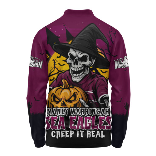 Manly Warringah Sea Eagles Long Sleeve Polo Shirt Dark Moon Rugby Halloween Battle Edition