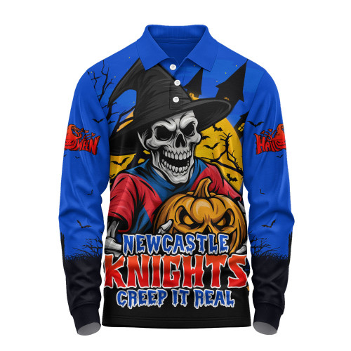 Newcastle Knights Long Sleeve Polo Shirt Dark Moon Rugby Halloween Battle Edition