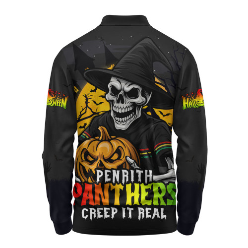 Penrith Panthers Long Sleeve Polo Shirt Dark Moon Rugby Halloween Battle Edition