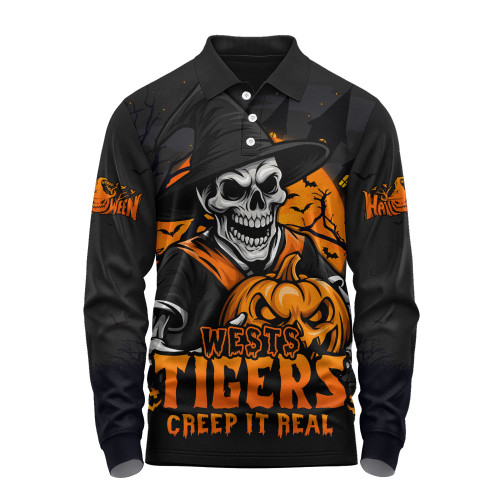 Wests Tigers Long Sleeve Polo Shirt Dark Moon Rugby Halloween Battle Edition