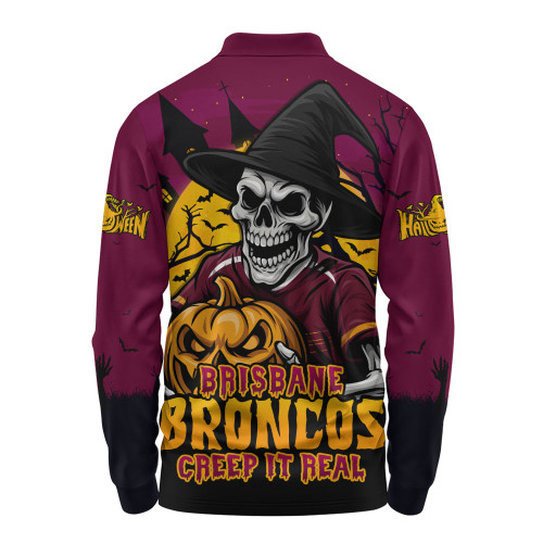 Brisbane Broncos Long Sleeve Polo Shirt Dark Moon Rugby Halloween Battle Edition