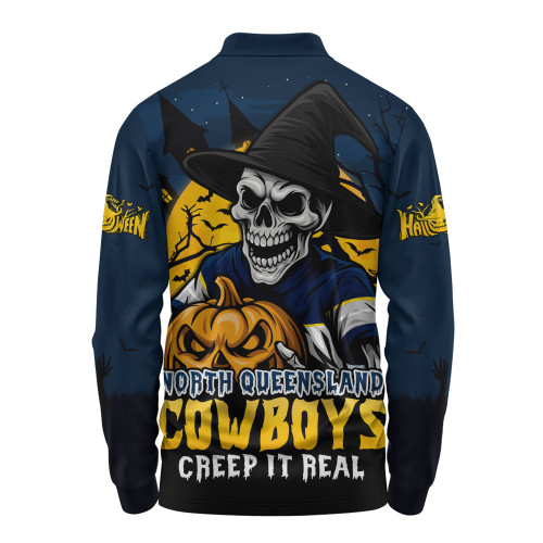 North Queensland Cowboys Long Sleeve Polo Shirt Dark Moon Rugby Halloween Battle Edition