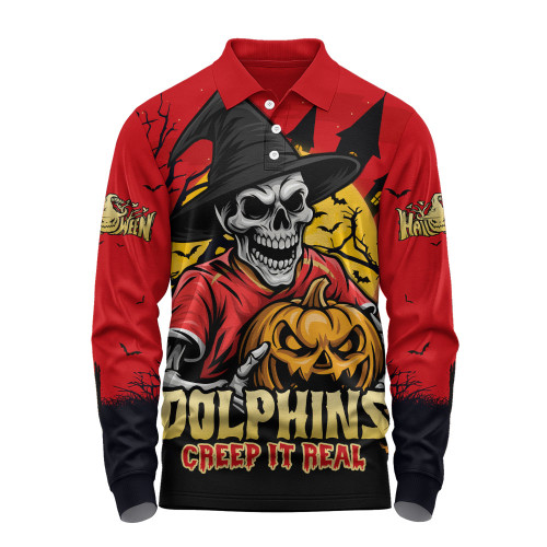 Redcliffe Dolphins Long Sleeve Polo Shirt Dark Moon Rugby Halloween Battle Edition