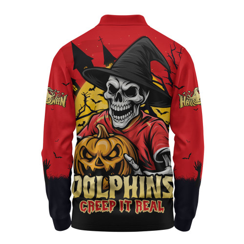 Redcliffe Dolphins Long Sleeve Polo Shirt Dark Moon Rugby Halloween Battle Edition