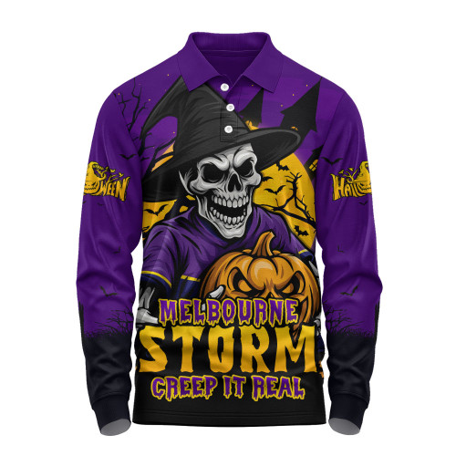 Melbourne Storm Long Sleeve Polo Shirt Dark Moon Rugby Halloween Battle Edition
