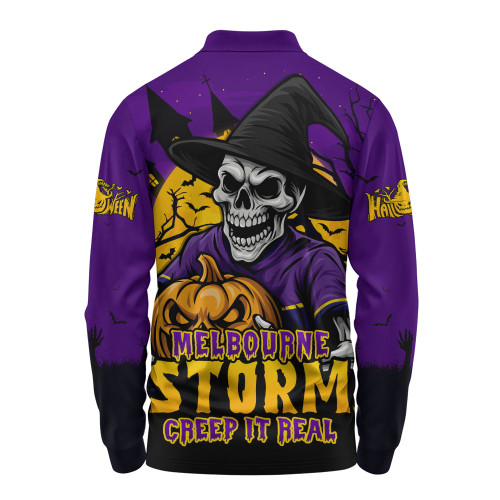 Melbourne Storm Long Sleeve Polo Shirt Dark Moon Rugby Halloween Battle Edition