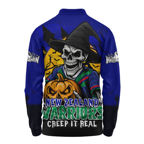 New Zealand Warriors Long Sleeve Polo Shirt Dark Moon Rugby Halloween Battle Edition