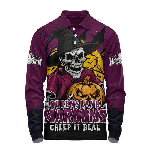 Queensland Maroons Long Sleeve Polo Shirt Dark Moon Rugby Halloween Battle Edition
