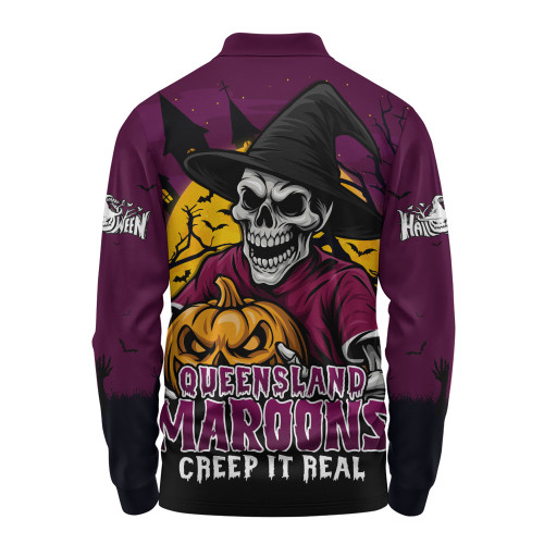 Queensland Maroons Long Sleeve Polo Shirt Dark Moon Rugby Halloween Battle Edition