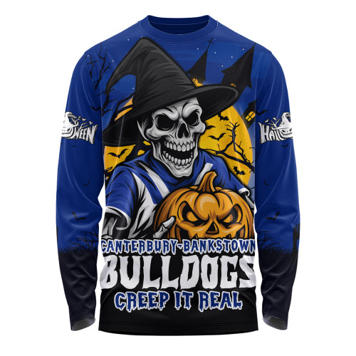 Canterbury-Bankstown Bulldogs Long Sleeve T-shirt Dark Moon Rugby Halloween Battle Edition Canterbury-Bankstown Bulldogs Long Sleeve T-shirt Dark Moon Rugby Halloween Battle Edition