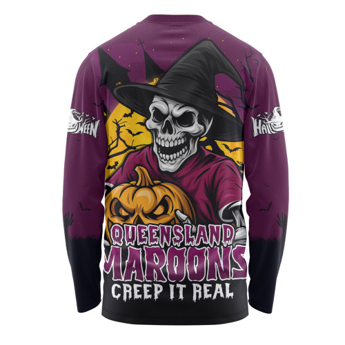 Queensland Maroons Long Sleeve T-shirt Dark Moon Rugby Halloween Battle Edition Queensland Maroons Long Sleeve T-shirt Dark Moon Rugby Halloween Battle Edition