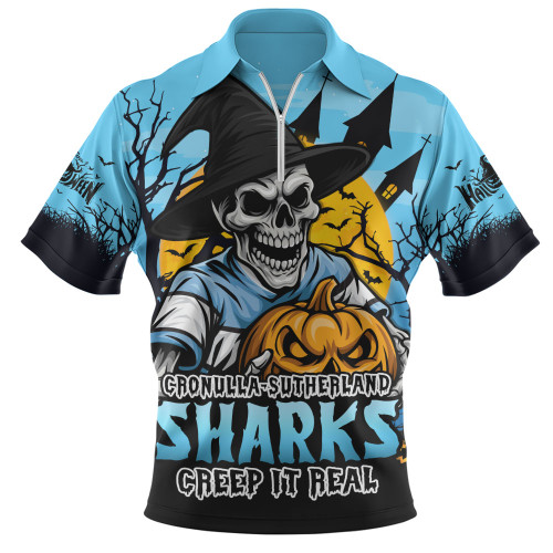 Cronulla-Sutherland Sharks Zip Polo Shirt Dark Moon Rugby Halloween Battle Edition