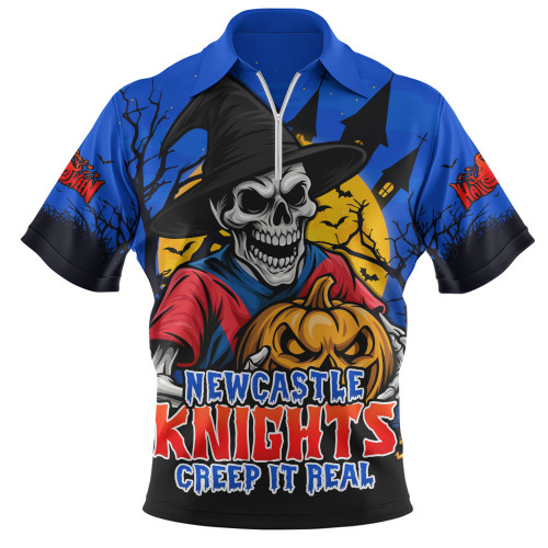 Newcastle Knights Zip Polo Shirt Dark Moon Rugby Halloween Battle Edition