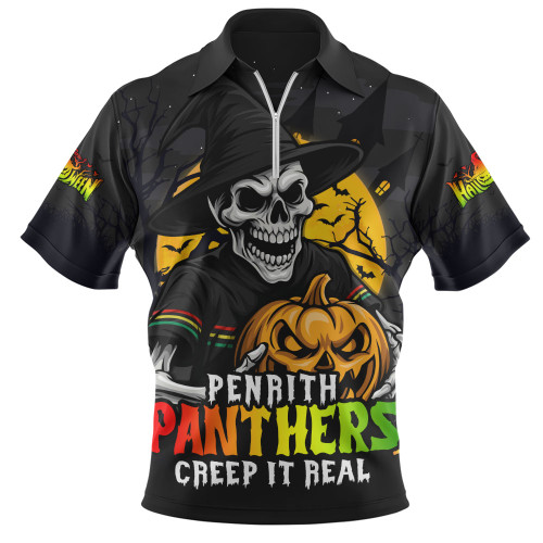 Penrith Panthers Zip Polo Shirt Dark Moon Rugby Halloween Battle Edition