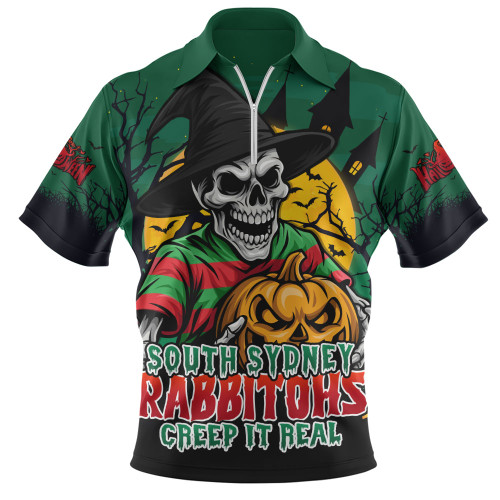 South Sydney Rabbitohs Zip Polo Shirt Dark Moon Rugby Halloween Battle Edition