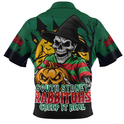South Sydney Rabbitohs Zip Polo Shirt Dark Moon Rugby Halloween Battle Edition