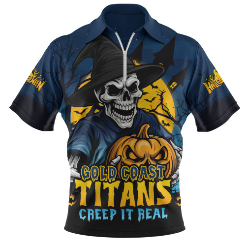 Gold Coast Titans Zip Polo Shirt Dark Moon Rugby Halloween Battle Edition Gold Coast Titans Zip Polo Shirt Dark Moon Rugby Halloween Battle Edition