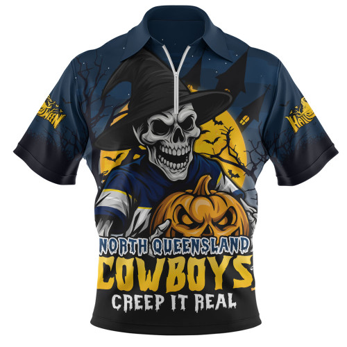 North Queensland Cowboys Zip Polo Shirt Dark Moon Rugby Halloween Battle Edition