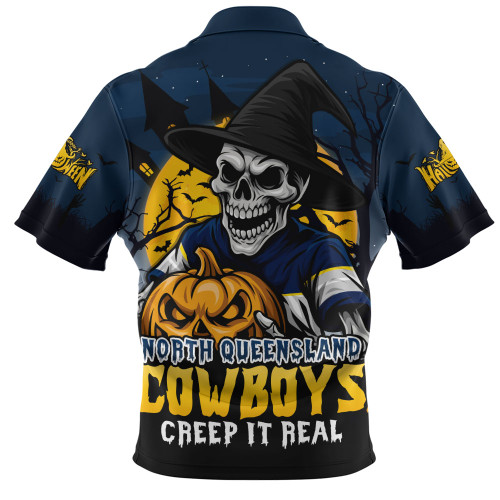North Queensland Cowboys Zip Polo Shirt Dark Moon Rugby Halloween Battle Edition