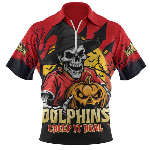 Redcliffe Dolphins Zip Polo Shirt Dark Moon Rugby Halloween Battle Edition