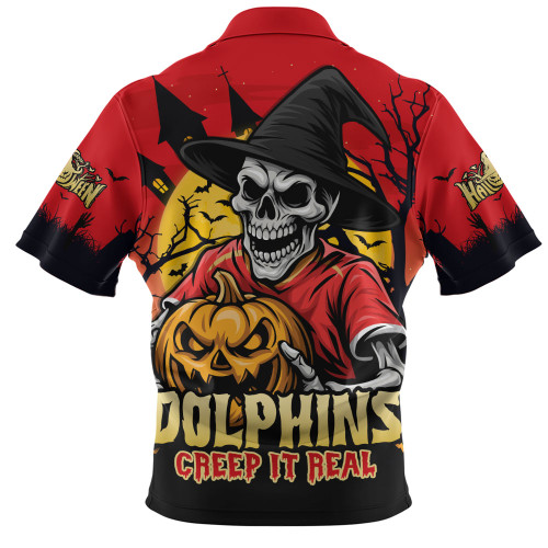 Redcliffe Dolphins Zip Polo Shirt Dark Moon Rugby Halloween Battle Edition