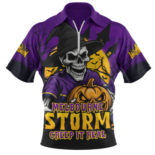 Melbourne Storm Zip Polo Shirt Dark Moon Rugby Halloween Battle Edition