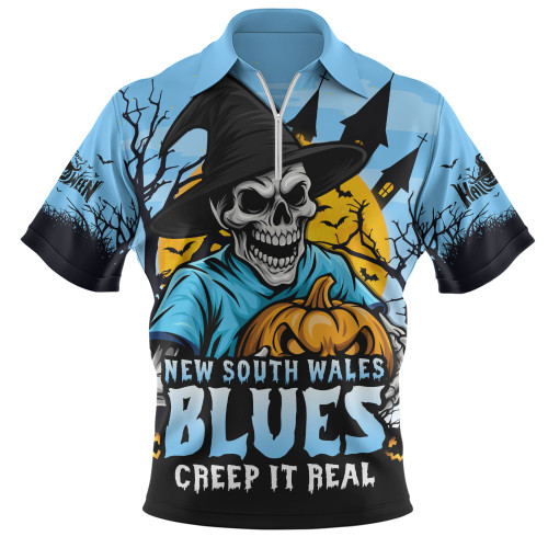 New South Wales Blues Zip Polo Shirt Dark Moon Rugby Halloween Battle Edition