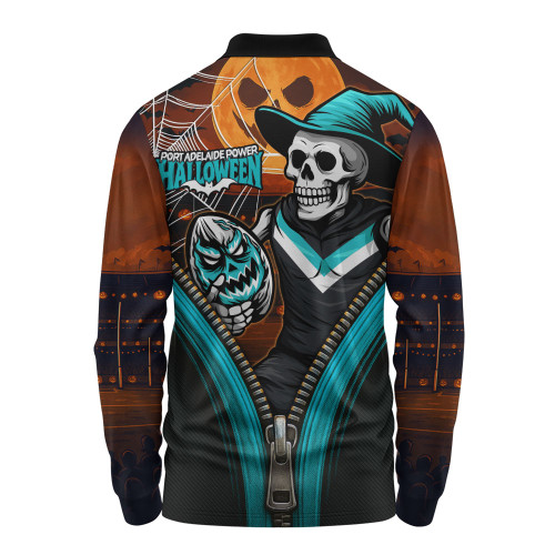 Port Adelaide Long Sleeve Polo Shirt Halloween Night Reaper Zipper Port Adelaide Long Sleeve Polo Shirt Halloween Night Reaper Zipper
