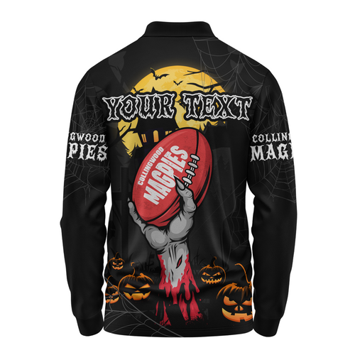 Collingwood Long Sleeve Polo Shirt Full Moon Fever Halloween Supporter Collingwood Long Sleeve Polo Shirt Full Moon Fever Halloween Supporter