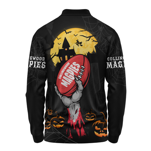 Collingwood Long Sleeve Polo Shirt Full Moon Fever Halloween Supporter Collingwood Long Sleeve Polo Shirt Full Moon Fever Halloween Supporter