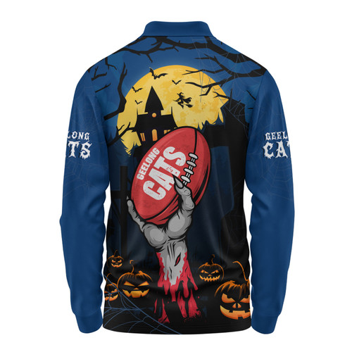 Geelong Cats Long Sleeve Polo Shirt Full Moon Fever Halloween Supporter Geelong Cats Long Sleeve Polo Shirt Full Moon Fever Halloween Supporter