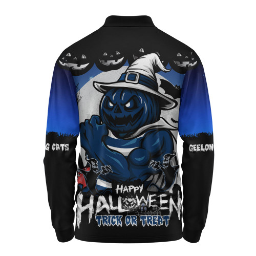 Geelong Cats Long Sleeve Polo Shirt Dark Pumpkin Halloween Spirit Geelong Cats Long Sleeve Polo Shirt Dark Pumpkin Halloween Spirit