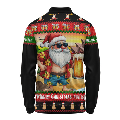 Australia Long Sleeve Polo Shirt Christmas Santa Beer Cheers Style