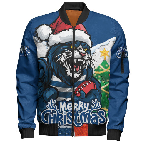 Geelong Cats Bomber Jacket Santa Scoring Touchdown On Christmas Game Day