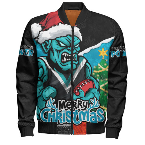 Port Adelaide Bomber Jacket Santa Scoring Touchdown On Christmas Game Day