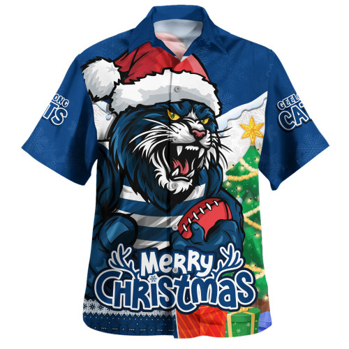 Geelong Cats Hawaiian Shirt Santa Scoring Touchdown On Christmas Game Day