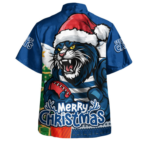 Geelong Cats Hawaiian Shirt Santa Scoring Touchdown On Christmas Game Day