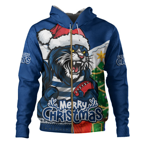 Geelong Cats Hoodie Santa Scoring Touchdown On Christmas Game Day
