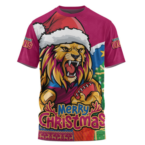 Brisbane Lions T-Shirt Santa Scoring Touchdown On Christmas Game Day