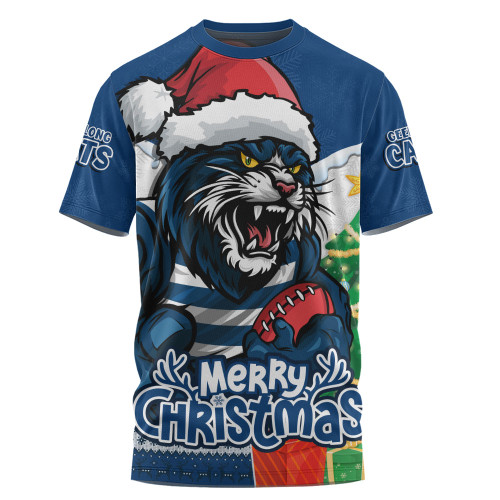 Geelong Cats T-Shirt Santa Scoring Touchdown On Christmas Game Day