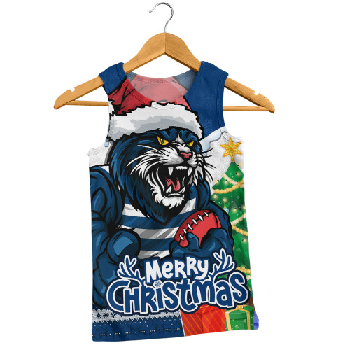 Geelong Cats Men Singlet Santa Scoring Touchdown On Christmas Game Day