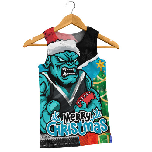 Port Adelaide Men Singlet Santa Scoring Touchdown On Christmas Game Day